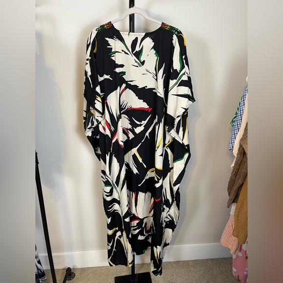 VGUC Winlar Embroidered V-Neck Kaftan Dress in Black Abstract Tribal Print OSFM - Picture 2 of 5